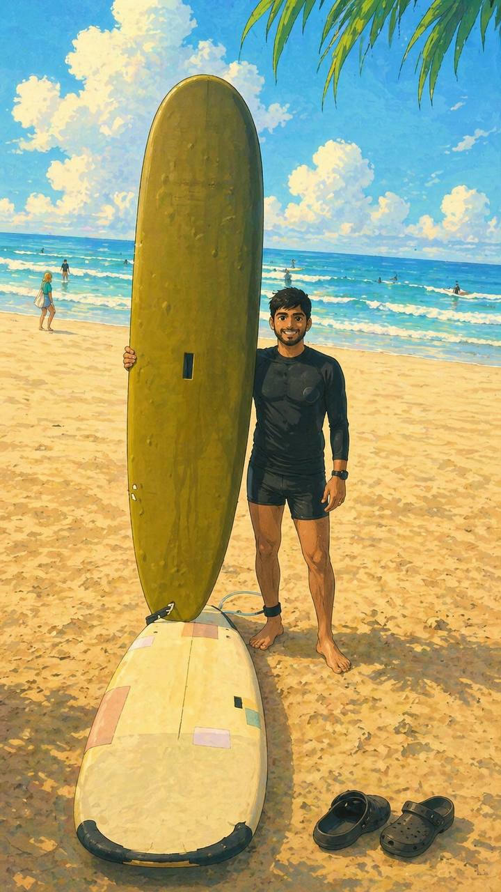 Surfboard on the beach in Weligama, Sri Lanka